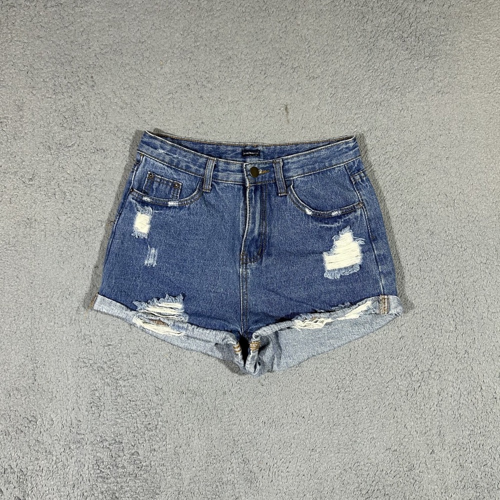 Brandy Melville High Waist Denim Shorts Womens Large Blue Rolled Cuff Hem #3994